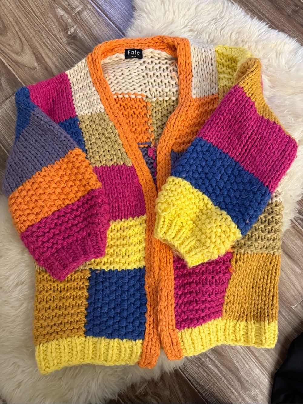 Fate Multi-Color Patchwork Chunky Knit Cardigan Sweater